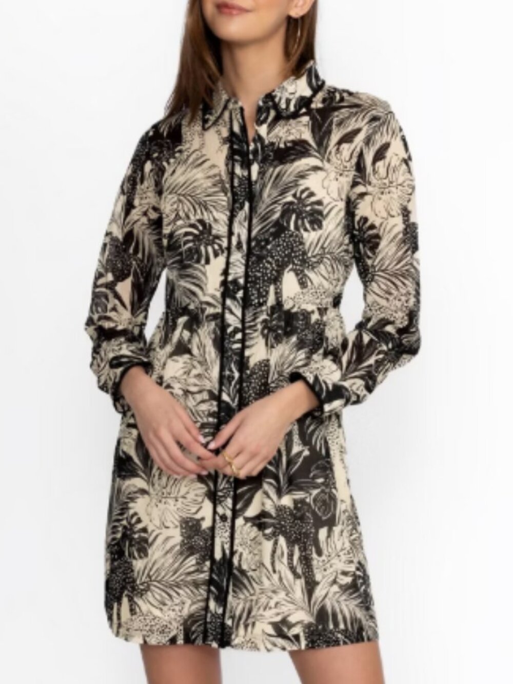 Johnny Was Workshop Paolina Black Cream Jungle Cat Piping Shirt Mini Dress XS